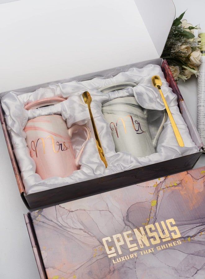 CPENSUS Ceramic Marble Finish Coffee Mug With Lid & Spoon For Anniversary Wedding Engagement Valentine Gifts For Couple 380 ML - Image 2